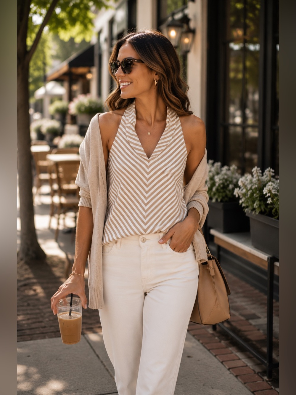 NWT White House Black Market Striped Halter Top Small Beige White Shimmer